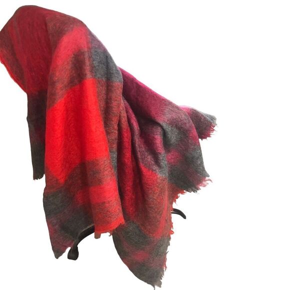 Royal Scot Plaid Blanket Red Gray Fringe Mohair Wool Afgan 57x70 Vintage  New - Picture 3 of 11